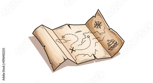 Treasure Map with X Marks the Spot, Compass, and Ship Illustration
