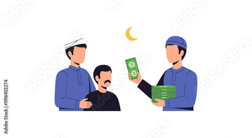 Illustration of a man giving cash to another man, symbolizing charity during Ramadan, with a crescent moon above.