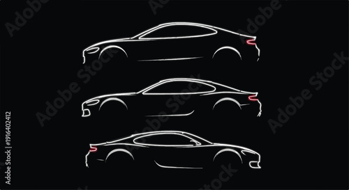 Three white outline vector silhouettes of luxury sports cars in profile, isolated on a dark charcoal background. Each car features sleek lines and a coupe design