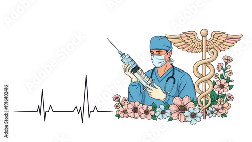 Male surgeon holding a large syringe surrounded by floral decorations and a medical caduceus symbol for healthcare.