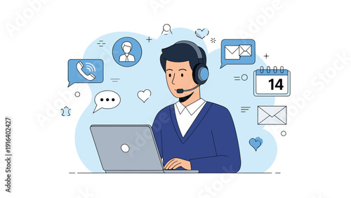 Customer support specialist wearing a headset while working on his laptop to assist clients with their online inquiries.