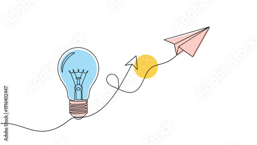 Continuous line drawing of a glowing lightbulb connected to a paper plane symbolizing the launch of creative new ideas.