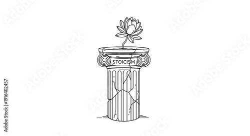 Stoicism philosophy concept: cracked ancient column with blooming flower on top