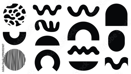 Various black abstract organic shapes and silhouettes including waves, curves, and circles for modern graphic design.