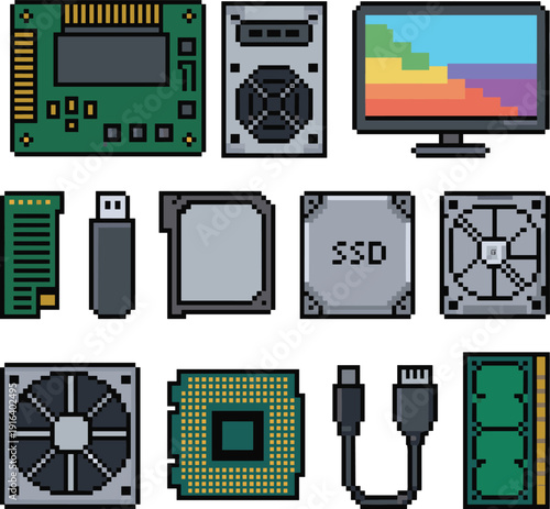 Pixel computer components including motherboard R A M C P U S D monitor and fans 1