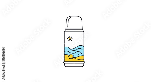 Thermos Bottle with Beach Scene Illustration, Sun, Waves, Sand, Summer Vacation
