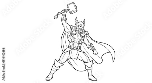 Thor Comic Book Style Drawing with Hammer Raised