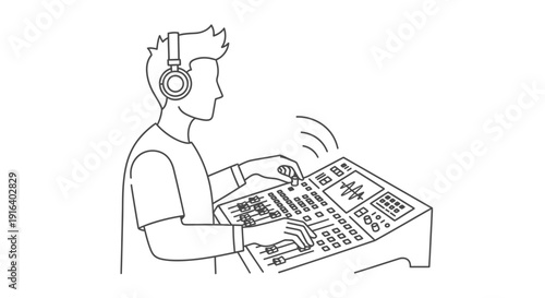 Sound Engineer in Headphones Adjusting Audio Mixer Board for Music Production