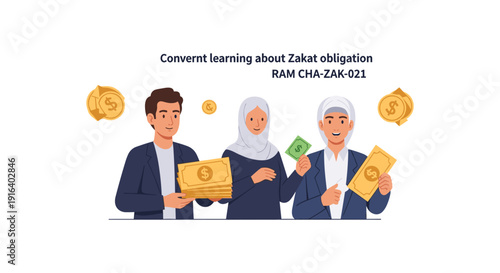 Illustration of multi-ethnic individuals holding cash and discussing Zakat obligation in a modern setting.