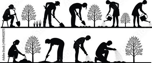 People planting, digging, and watering trees in garden routine, gardening silhouette workflow, plant care and growth concept, black and white vector illustration