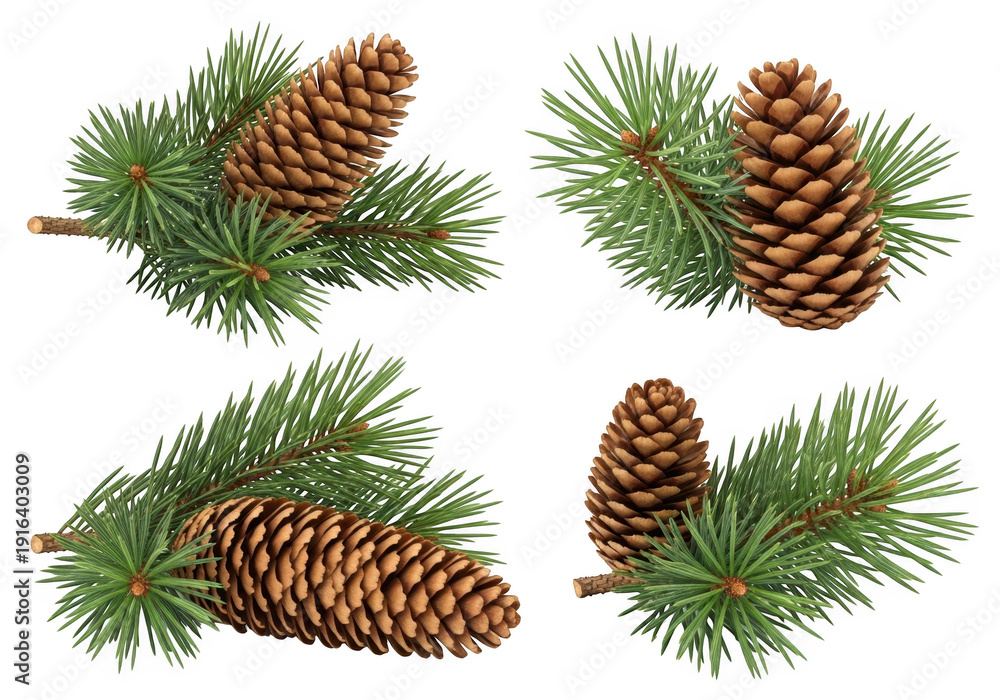 Fototapeta premium Four pine cone and evergreen branch arrangements isolated on transparent background
