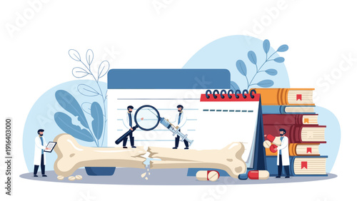 Medical professionals working together to treat a large broken bone model surrounded by medicine and study materials.