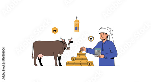 A cartoon farmer in blue clothing milking a brown cow beside a pyramid of gold coins, symbolizing prosperity and wealth.