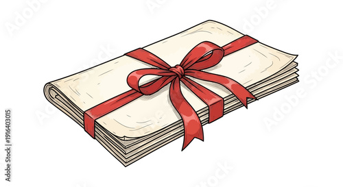 Stack of Letters Tied with Red Ribbon Bow, Gifted Mail, Surprise Correspondence, Elegant Communication