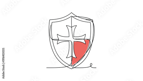 Minimalist one line drawing of medieval shield with knights templar cross and red colored section on white background for security concept.