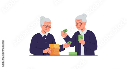Illustration of two elderly individuals exchanging stacks of cash in a simple, modern style with a clean white background.