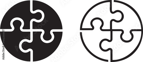Vector illustration of two circular puzzle icons, one solid black and one outlined, each composed of four interlocking pieces, isolated on a transparent background.