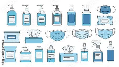 Personal protection and hygiene equipment set including face masks, hand sanitizer bottles, disinfectant spray, and wet wipes in blue colors.