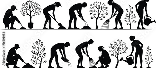 People planting, digging, raking, and watering trees in continuous garden workflow, gardening silhouette figures, plant care and growth stages concept, black vector illustration