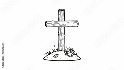 Simple Wooden Cross Grave Marker with Flower and Leaves