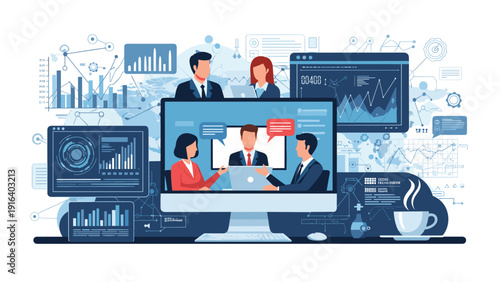 Modern workplace concept illustration with video conference call on screen and various data analytics charts for remote team collaboration.