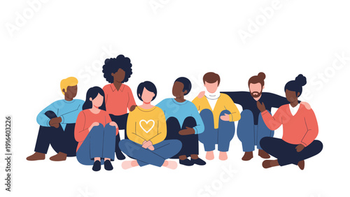 Diverse group of people sitting together in unity and friendship with one person wearing a heart symbol representing community and love.