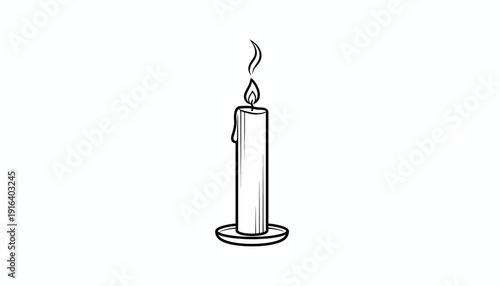 Single Lit Candle Burning with Flame and Dripping Wax on White Background, Line Art
