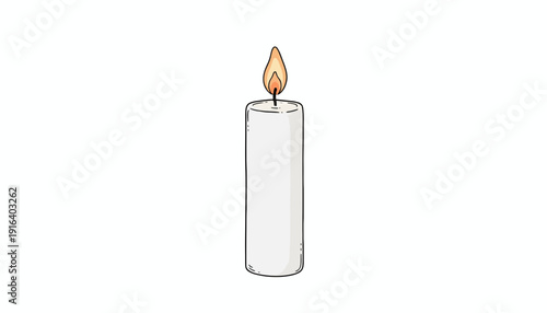 Single lit white candle with flame on white background, isolated object, minimalist