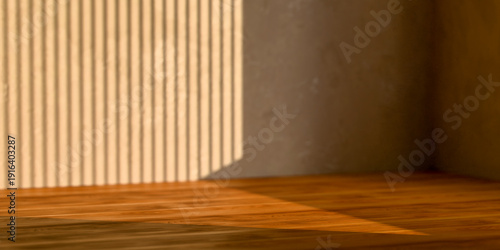 empty wooden table top with shadow on beige wall background for product display presentation natural mockup showcase interior scene 3d illustration