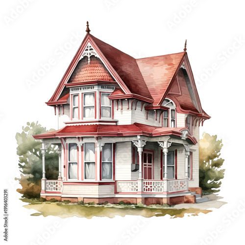 Watercolor Victorian House Clipart, Hand-Painted Vintage Mansion with Red Roof and White Porch isolated on White Background
