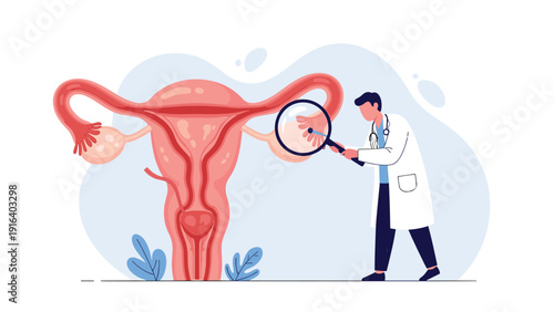 Male doctor examining a large female reproductive system model with a magnifying glass for gynecology and womens health concepts.