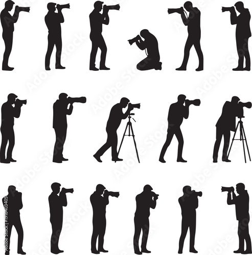 Photographers with camera various poses black silhouette set collection.