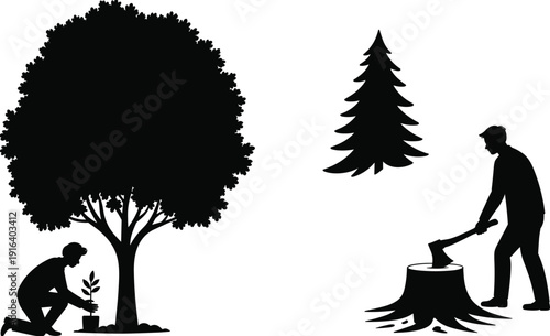Tree planting and tree cutting contrast, man planting sapling and chopping tree stump, environmental conservation versus deforestation concept, black and white vector illustration