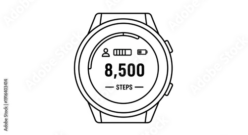 Smartwatch displays 8500 steps, battery, and Bluetooth icon, fitness tracking concept