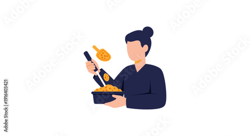 Illustration of a woman cooking with a ladle and frying pan, showcasing a minimalist design with a dark blue shirt and black hair.
