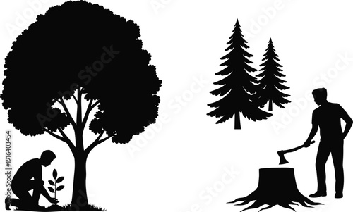 Tree planting and deforestation contrast, man planting sapling and cutting tree stump, environmental conservation versus logging concept, black and white vector illustration