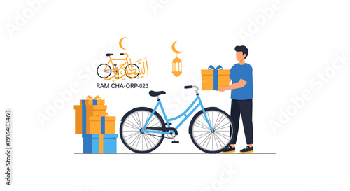 Illustration of a man in blue shirt delivering a gift box on a bicycle surrounded by packages under a night sky with crescent moon and lanterns.