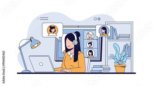Freelance woman working from home office on laptop while participating in video conference call with colleagues on screen.