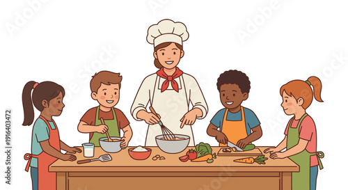 Female chef teaching diverse group of children how to cook in a culinary class, flat vector illustration