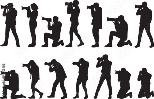 Photographers with camera various poses black silhouette set collection.