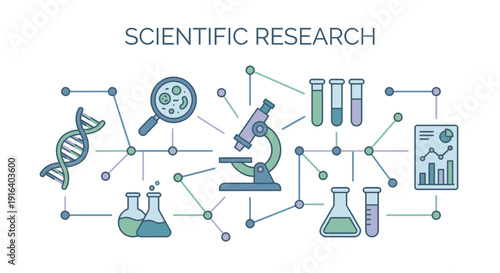 Scientific research banner with science laboratory icons and network connections