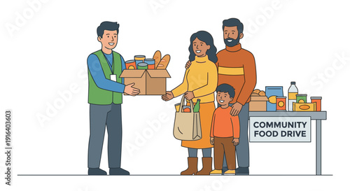 Volunteer giving donation box to family at community food drive flat illustration