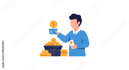 Illustration of a man using credit card and cash to deposit coins into a savings pot, symbolizing financial savings and banking.