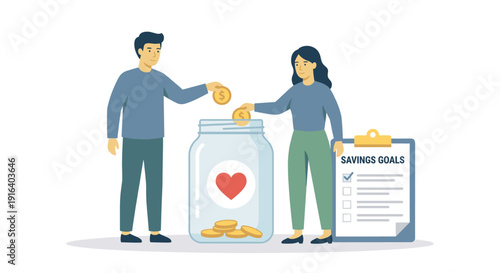 Couple saving money in a glass jar for future family goals flat illustration