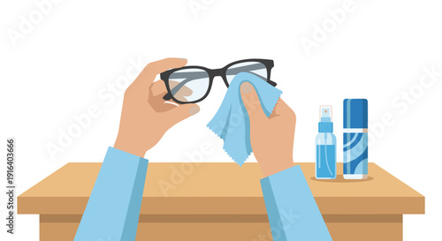 Hands wiping and cleaning eyeglasses with microfiber cloth and spray flat illustration