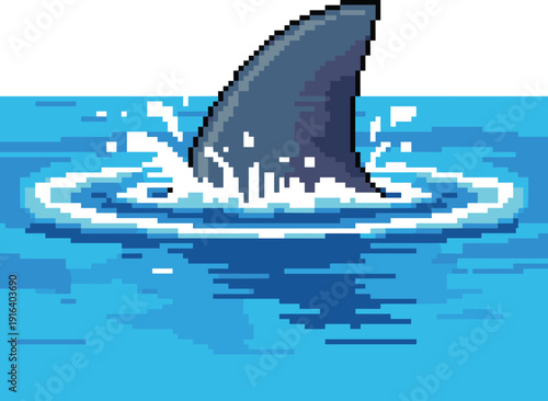 Pixel shark fin breaks surface of blue water with ripples ocean