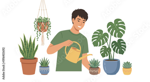 Young man watering indoor house plants with a watering can flat vector illustration