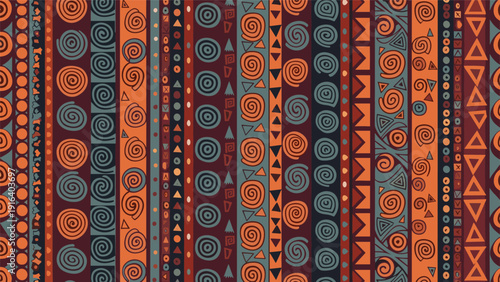 Ethnic tribal seamless pattern with geometric symbols like spirals, triangles, and dots in earthy colors for textile design.
