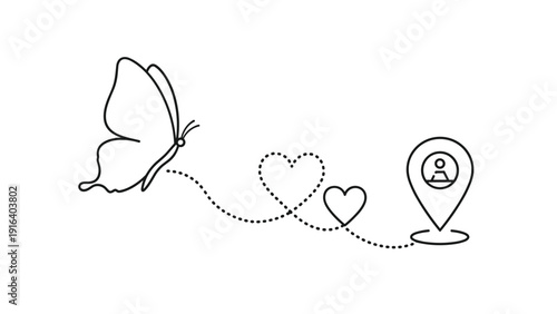 Romantic journey concept with butterfly flying along heart shaped path towards location pin representing finding love.