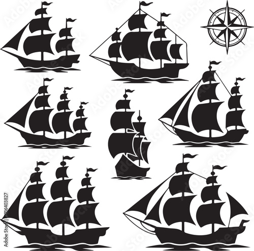 Pirate boats and Old different Wooden Ships with Fluttering Flags. Vector Set Old shipping sails traditional vessel pirate symbols garish vector illustrations.Black silhouettes collection set